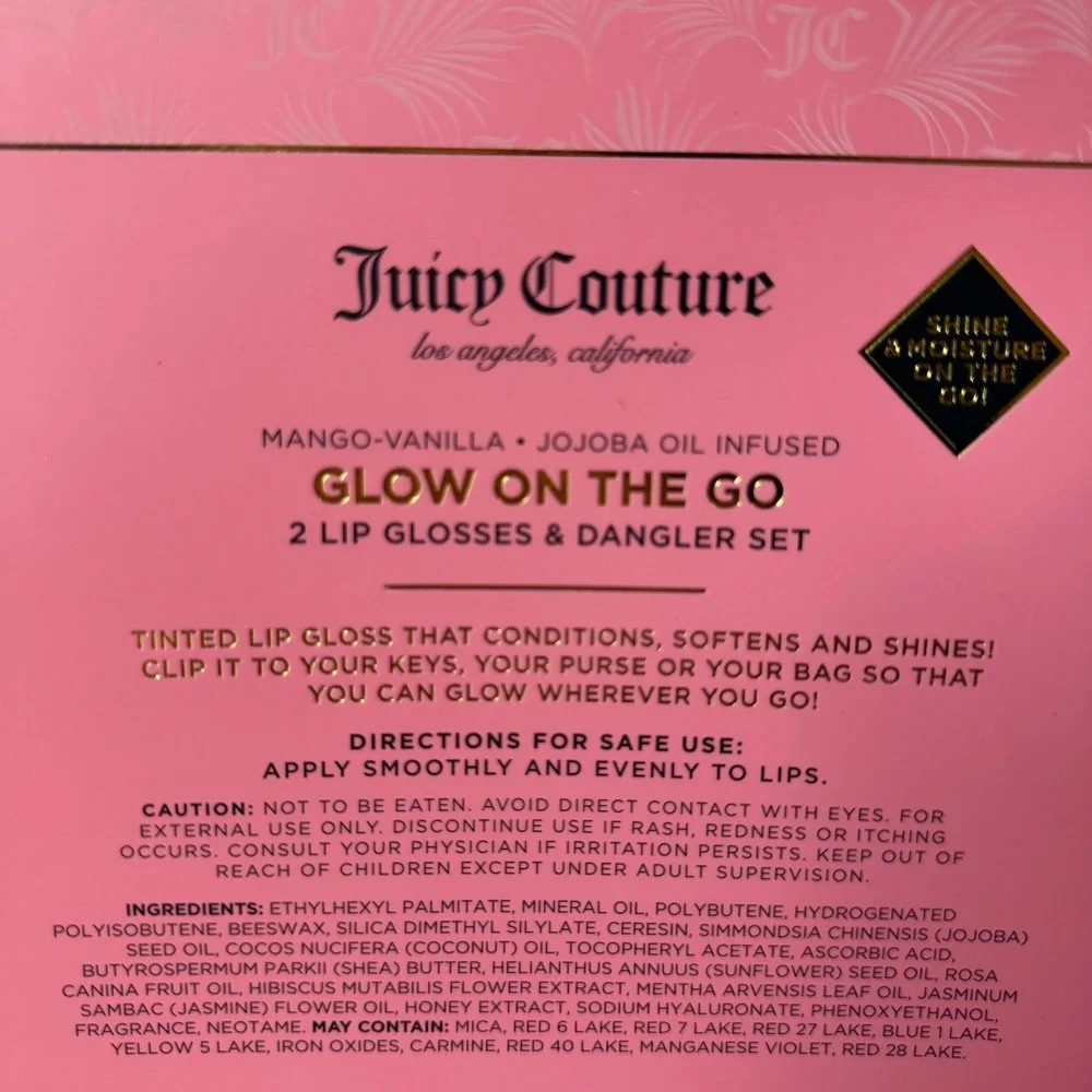 New Juicy Couture 2 Pck Lip Gloss Keychain Makeup Cosmetic Mango Vanilla Jojoba